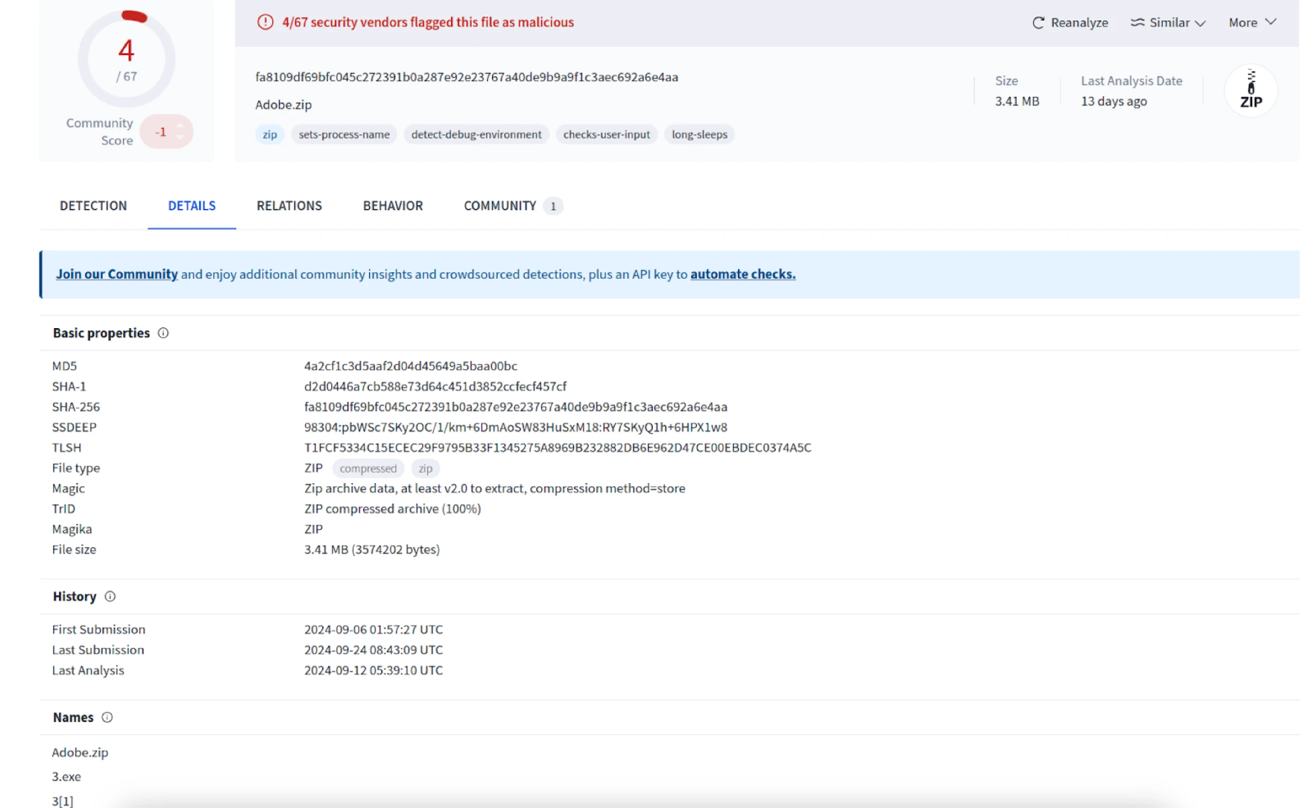  VirusTotal results for 3/Adobe.zip